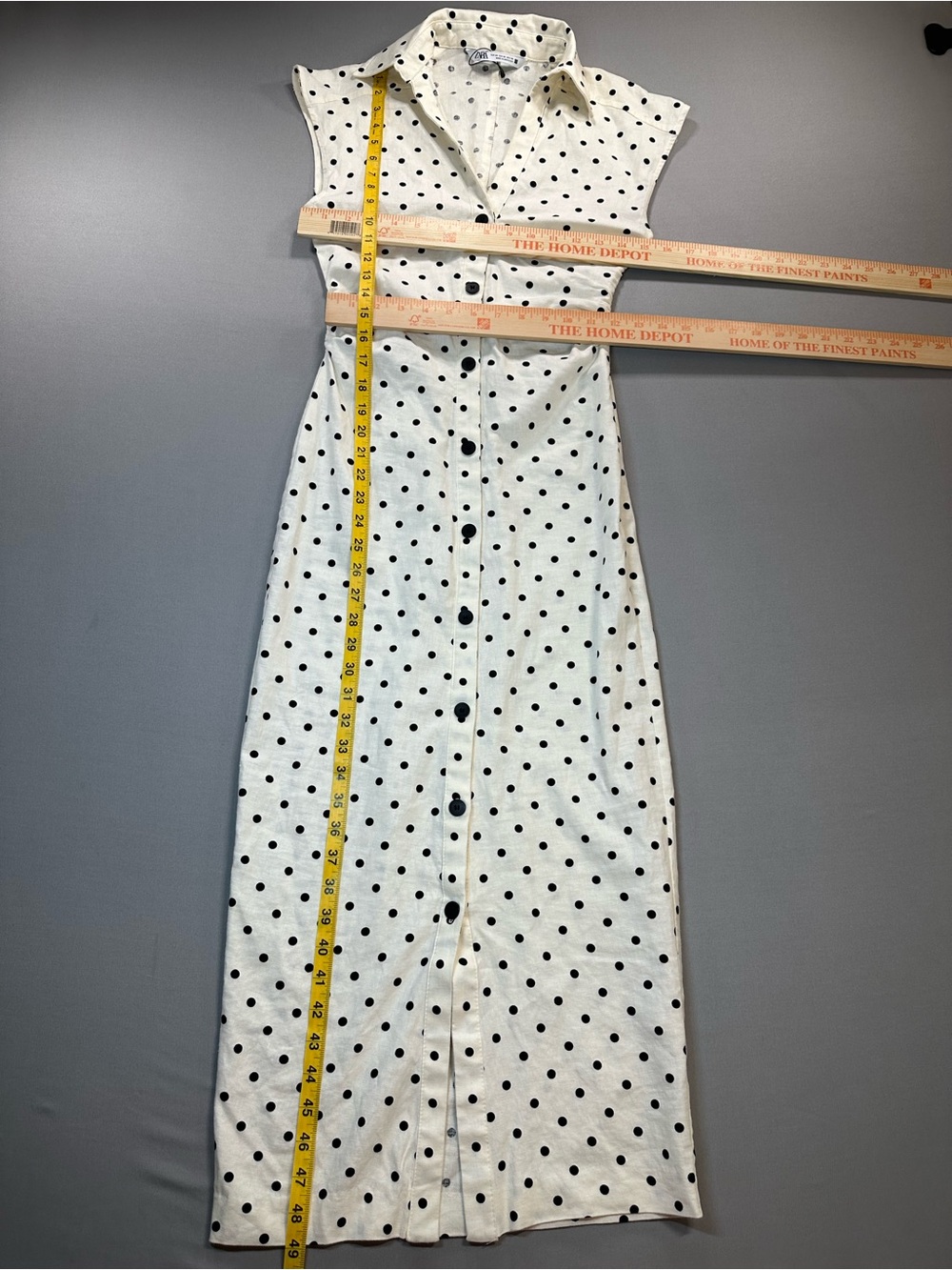 Zara Polka-Dot Linen-Blend Fitted Midi Dress, Cap Sleeve, Ruched - Womens XS - Picture 15 of 16